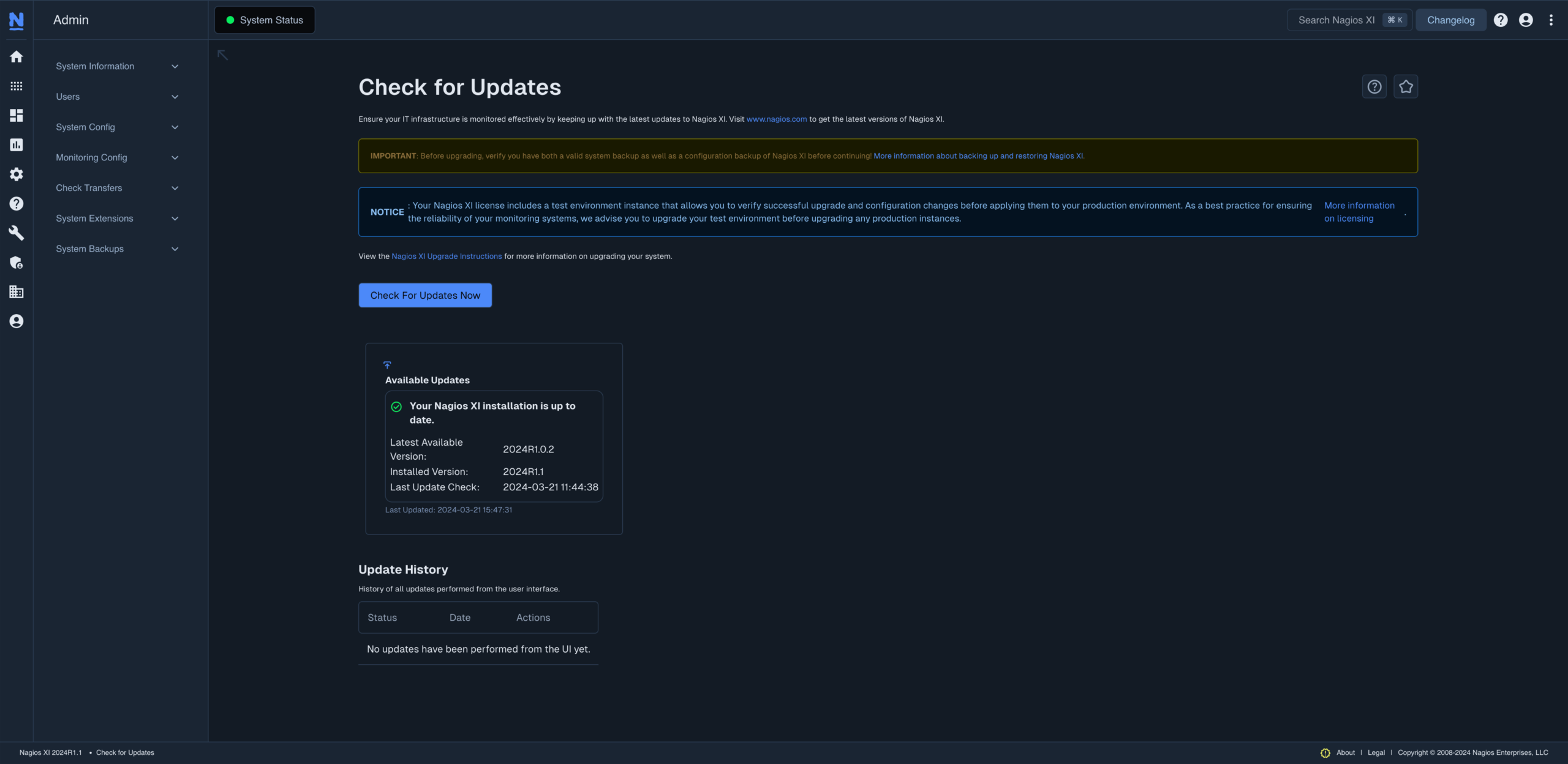 Neptune-theme check for updates screen. Part of the administration section in Nagios XI.
