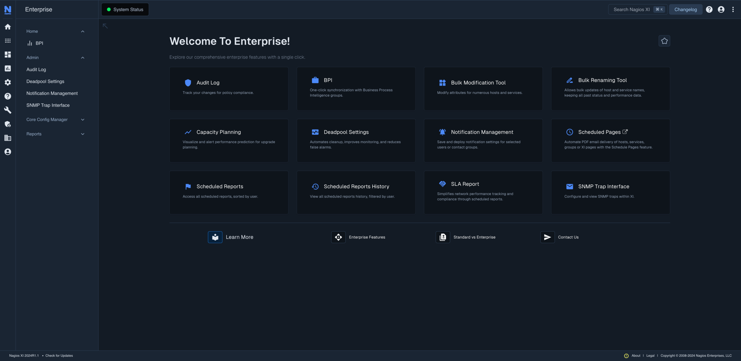 A screenshot of the enterprise features overview page. Taken on the new Neptune theme in Nagios XI.