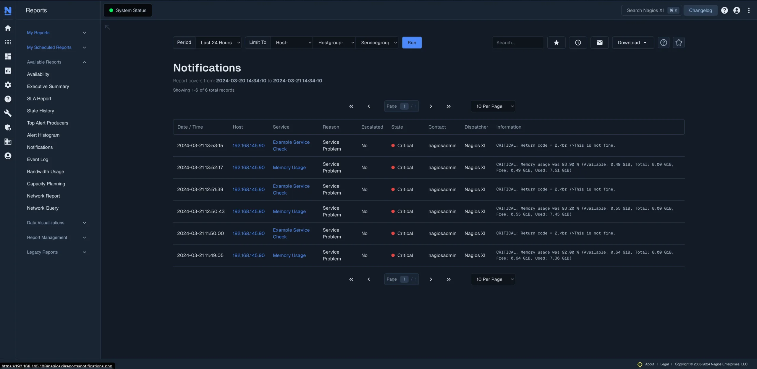 Neptune-theme notifications screenshot. Part of the Reports section of Nagios XI.