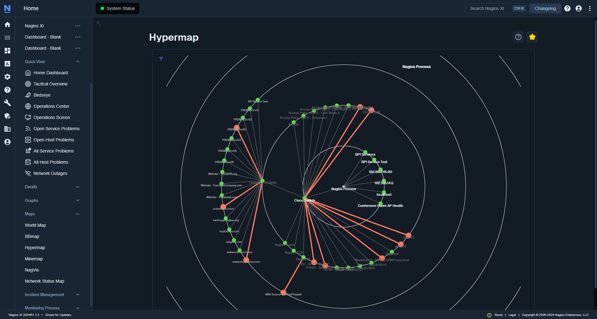 The Hypermap in Nagios XI. This map shows the parent-child host relationships in your environment. Get an at-a-glance view of where issues are occuring in your deployment. Shown in the Neptune theme.