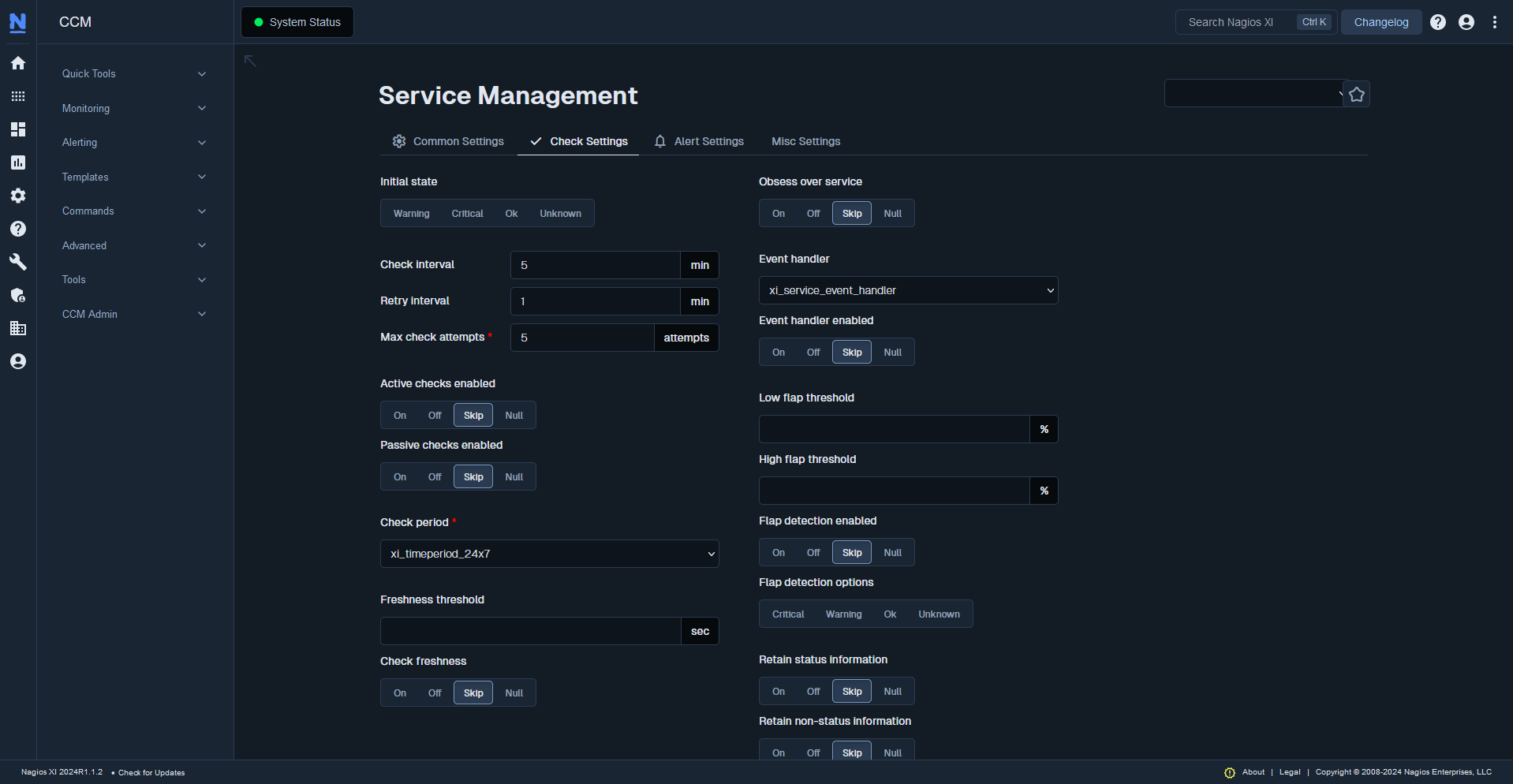 Service Check Settings in Nagios XI's Core Config Manager. Users can set how often the host's services are monitored, how many checks are run before an issue is reported, and many other settings for absolute control over your device monitoring. Displayed in Nagios XI's new Neptune theme.