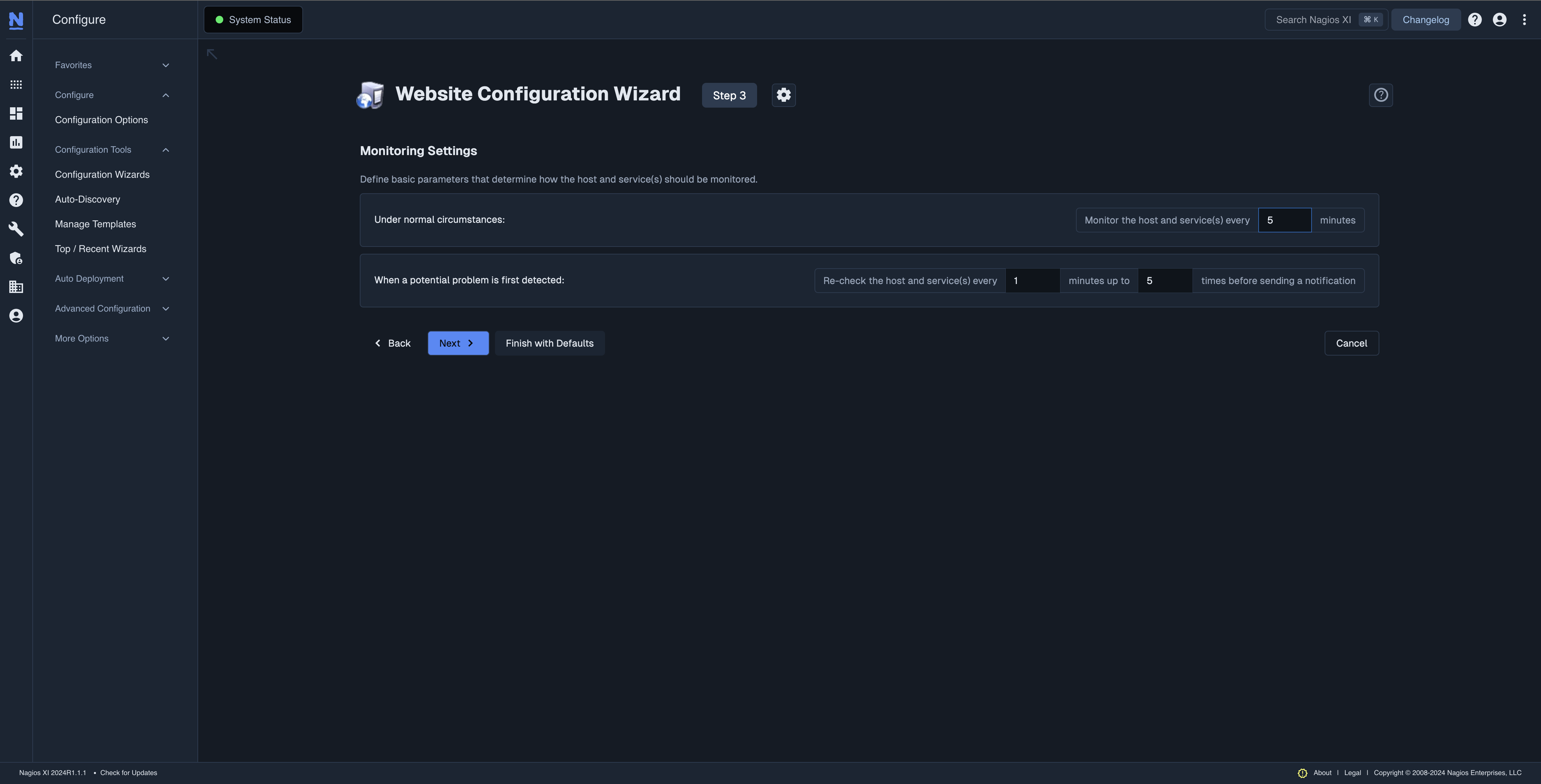 Website Configuraiton Wizard step 3, in Nagios XI. Decide how often the system is checked, and how the system should respond when an issue is detected. Displayed in the new Neptune theme.