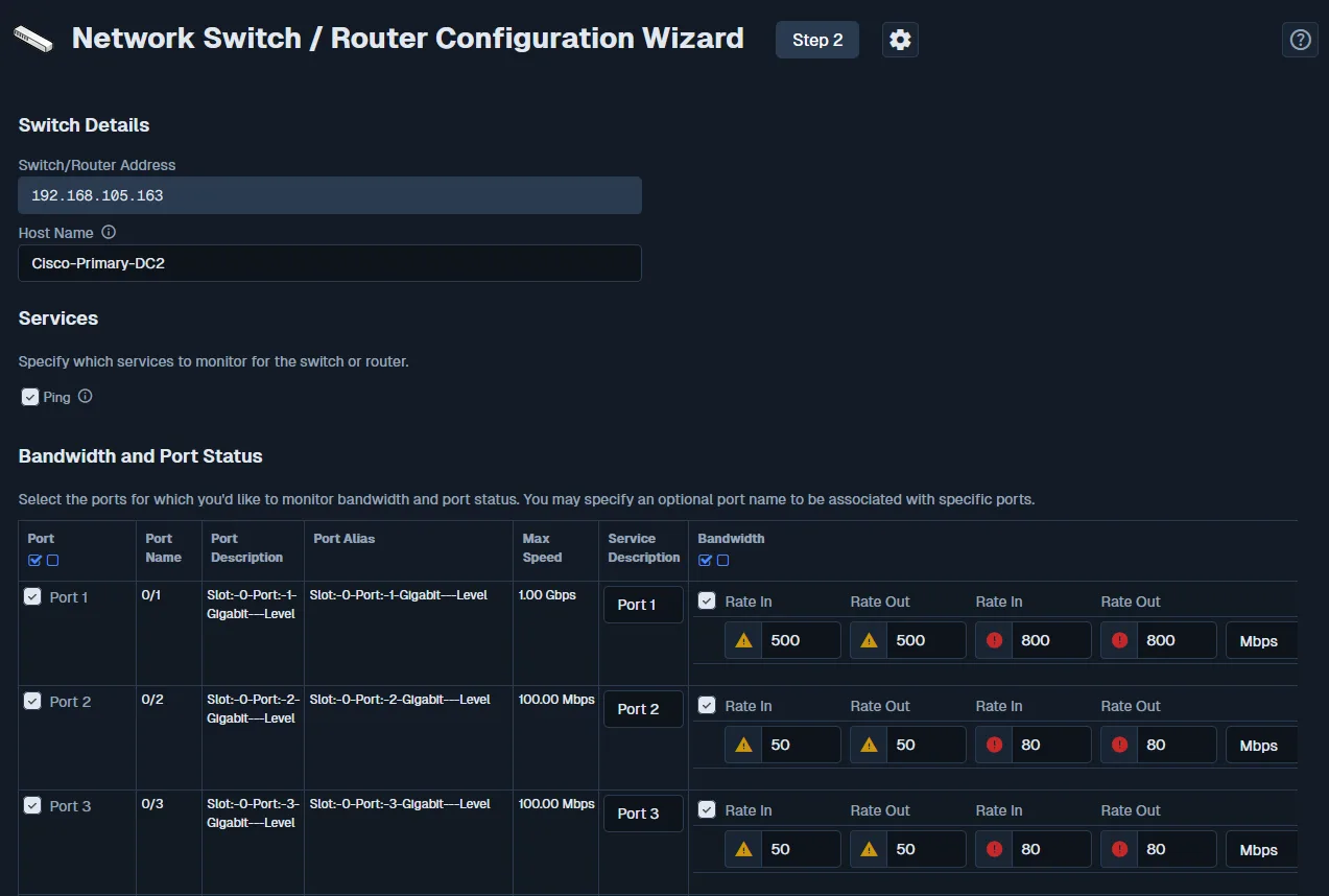 A screenshot of Nagios XI Network Switch/Router Configuration Wizard (Neptune Theme)