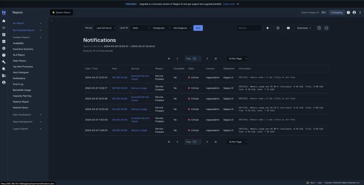 Nagios XI alert management screen showing automated remediation actions and multi-channel notification settings for host and service monitoring