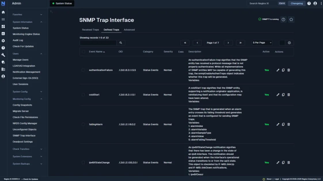 SNMP Trap Interface settings screenshot in Nagios XI Neptune theme
