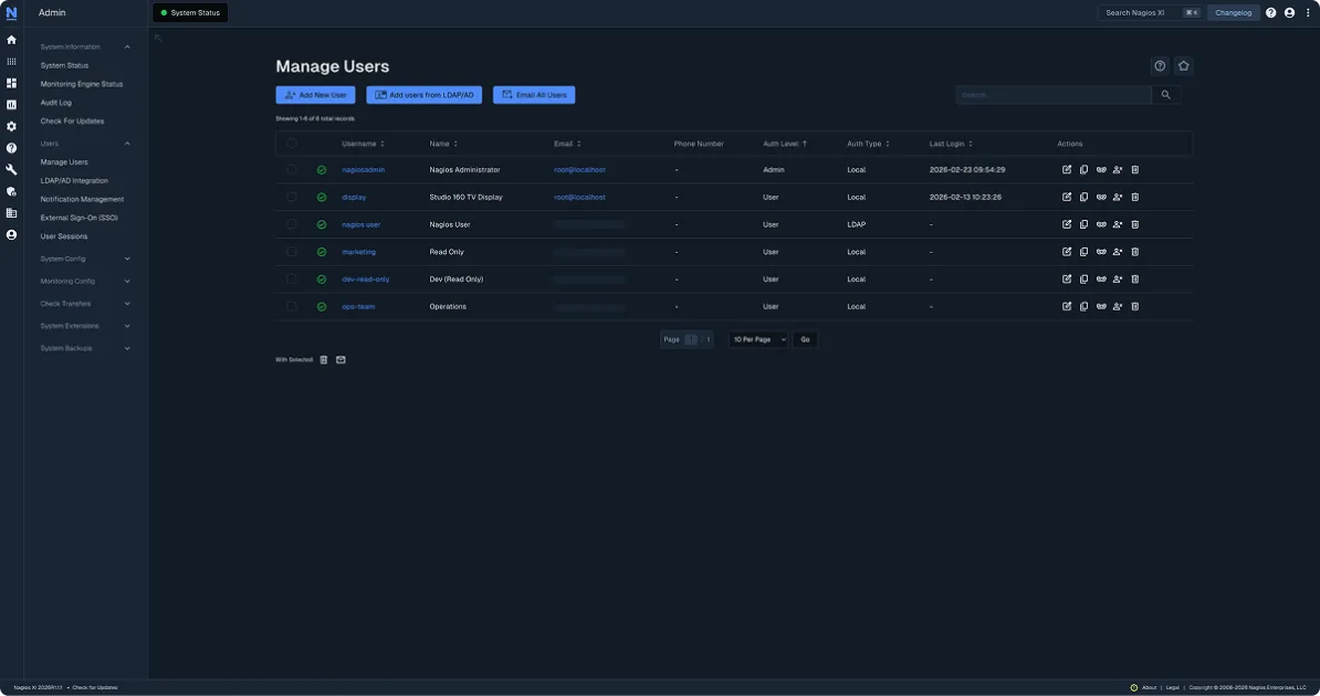 Nagios XI Manage Users Page