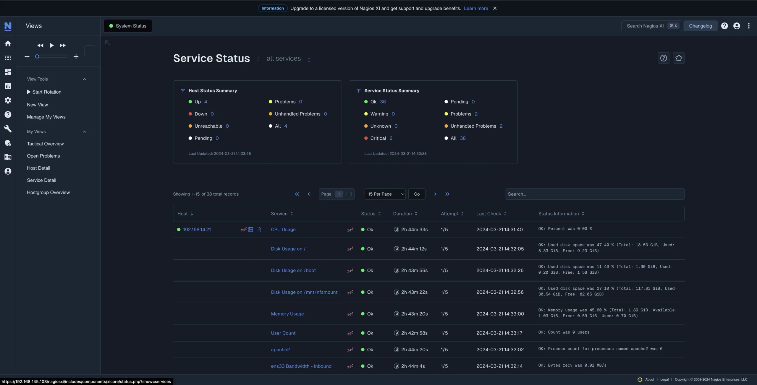 Nagios XI Service Status Screenshot