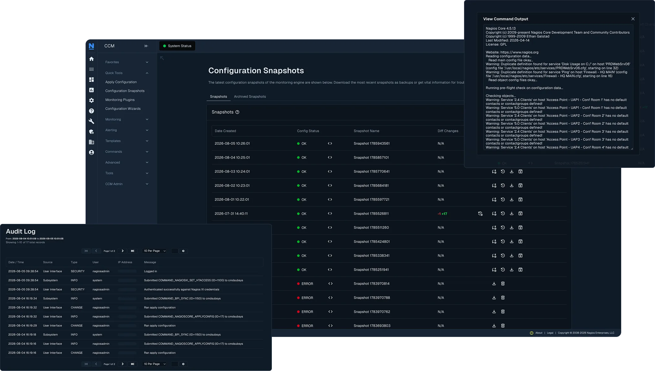 Nagios XI configuration snapshot comparison showing tracked changes